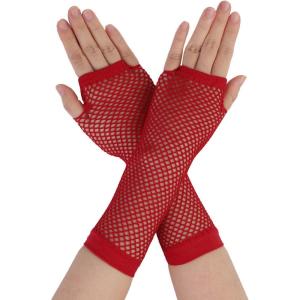 imageAllegra K Womens Fingerless Mesh 1980s Fancy Dress Party Costume Accessories Fishnet GlovesRed