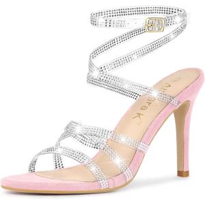 imageAllegra K Womens Elegant Rhinestone Clear Strap Strappy Stiletto Heels Sandals Over 3 Inch Evening Party Wedding ShoesPink