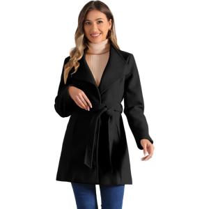 imageAllegra K Womens Classic Stand Collar Long Sleeve Winter Belted Long CoatBlack