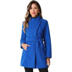 imageAllegra K Womens Classic Stand Collar Long Sleeve Winter Belted Long CoatBlue