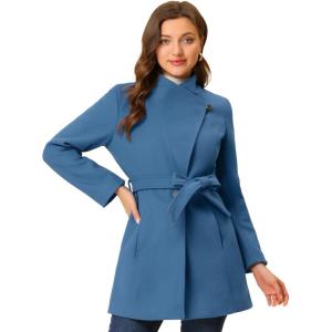 imageAllegra K Womens Classic Stand Collar Long Sleeve Winter Belted Long CoatDark Grey Blue