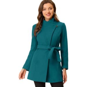 imageAllegra K Womens Classic Stand Collar Long Sleeve Winter Belted Long CoatDark Lake Blue