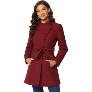 imageAllegra K Womens Classic Stand Collar Long Sleeve Winter Belted Long CoatDark Red