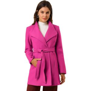 imageAllegra K Womens Classic Stand Collar Long Sleeve Winter Belted Long CoatFuchsia