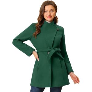 imageAllegra K Womens Classic Stand Collar Long Sleeve Winter Belted Long CoatGreen