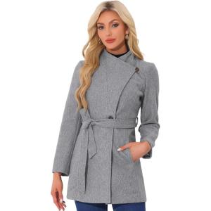 imageAllegra K Womens Classic Stand Collar Long Sleeve Winter Belted Long CoatGrey