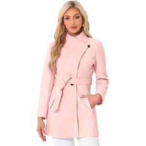 imageAllegra K Womens Classic Stand Collar Long Sleeve Winter Belted Long CoatPink