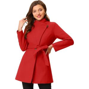 imageAllegra K Womens Classic Stand Collar Long Sleeve Winter Belted Long CoatRed