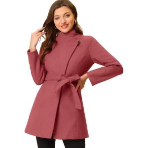 imageAllegra K Womens Classic Stand Collar Long Sleeve Winter Belted Long CoatWatermelon Red