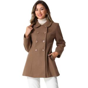 imageAllegra K Womens Peter Pan Collar Double Breasted Winter Long Trench Pea CoatCoffee