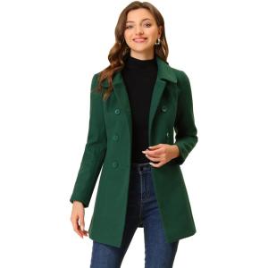 imageAllegra K Womens Peter Pan Collar Double Breasted Winter Long Trench Pea CoatDark Green