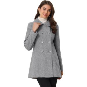 imageAllegra K Womens Peter Pan Collar Double Breasted Winter Long Trench Pea CoatGrey