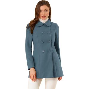 imageAllegra K Womens Peter Pan Collar Double Breasted Winter Long Trench Pea CoatGrey Blue