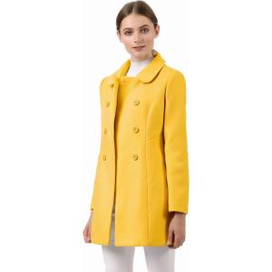 imageAllegra K Womens Peter Pan Collar Double Breasted Winter Long Trench Pea CoatMustard Yellow