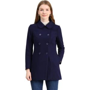 imageAllegra K Womens Peter Pan Collar Double Breasted Winter Long Trench Pea CoatNavy Blue