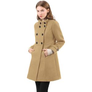 imageAllegra K Womens Stand Collar Double Breasted Slant Pockets Trendy Outwear Winter CoatKhaki