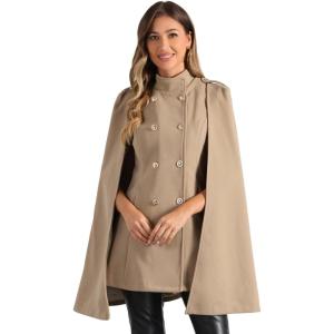 imageAllegra K Cape Coats for Womens Winter Slit Sleeve Double Breasted Cloak CoatKhaki