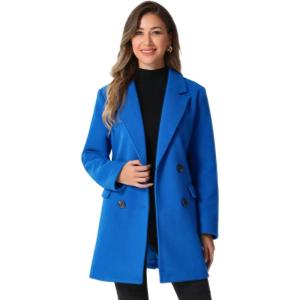 imageAllegra K Womens Notch Lapel Double Breasted Belted Mid Long Outwear Winter CoatBlue