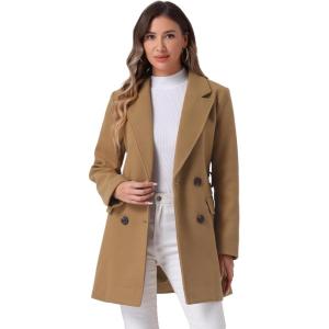 imageAllegra K Womens Notch Lapel Double Breasted Belted Mid Long Outwear Winter CoatCamel