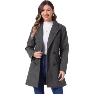 imageAllegra K Womens Notch Lapel Double Breasted Belted Mid Long Outwear Winter CoatDark Grey