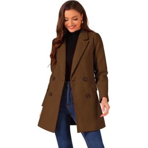 imageAllegra K Womens Notch Lapel Double Breasted Belted Mid Long Outwear Winter CoatDeep Brown