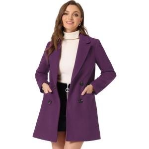 imageAllegra K Womens Notch Lapel Double Breasted Belted Mid Long Outwear Winter CoatDeep Purple