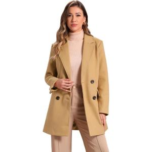 imageAllegra K Womens Notch Lapel Double Breasted Belted Mid Long Outwear Winter CoatKhaki