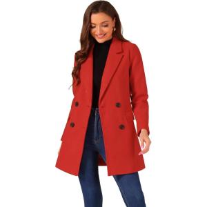 imageAllegra K Womens Notch Lapel Double Breasted Belted Mid Long Outwear Winter CoatRed