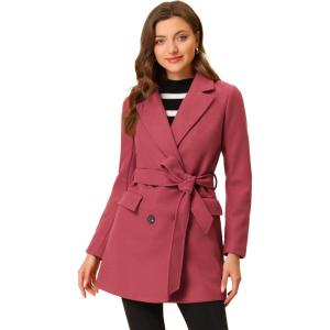 imageAllegra K Womens Notch Lapel Double Breasted Belted Mid Long Outwear Winter CoatWatermelon Red