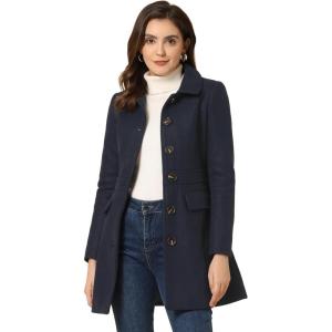 imageAllegra K Womens Winter Overcoat Peter Pan Collar Flap Pocket Single Breasted CoatDark Blue