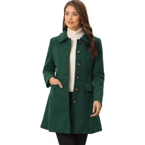 imageAllegra K Womens Winter Overcoat Peter Pan Collar Flap Pocket Single Breasted CoatDark Green