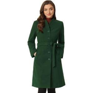 imageAllegra K MidLength Overcoat for Womens Single Breasted Collarless Belted Elegant Winter CoatsDark Green