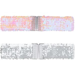 imageAllegra K Womens Glitter Wide Waist Belts Interlock Buckles Sequins Decor Stretchy Belts 2PCSCarnation