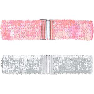 imageAllegra K Womens Glitter Wide Waist Belts Interlock Buckles Sequins Decor Stretchy Belts 2PCSPink