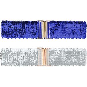 imageAllegra K Womens Wide Waist Belts Interlock Buckles Sequins Decor Shinny Stretchy Belts 2PCSRoyal Blue