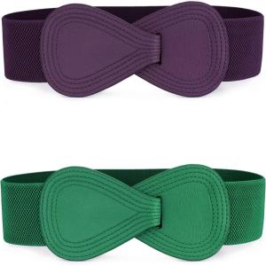 imageAllegra K 2pcs Womens Elastic Waist Belt Interlock 8shaped Faux Leather Buckle BeltsGreen  Purple