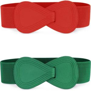 imageAllegra K 2pcs Womens Elastic Waist Belt Interlock 8shaped Faux Leather Buckle BeltsGreen  Red