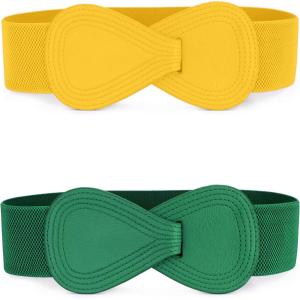 imageAllegra K 2pcs Womens Elastic Waist Belt Interlock 8shaped Faux Leather Buckle BeltsGreen  Yellow