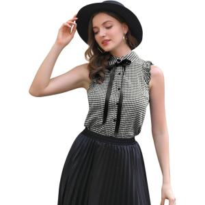 imageAllegra K Womens Bow Tie Neck Blouse Vintage Ruffle Sleeveless Gingham Plaid ShirtBlack