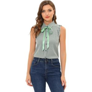 imageAllegra K Womens Bow Tie Neck Blouse Vintage Ruffle Sleeveless Gingham Plaid ShirtGreen