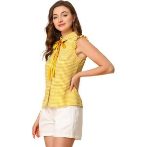 imageAllegra K Womens Bow Tie Neck Blouse Vintage Ruffle Sleeveless Gingham Plaid ShirtLemon Yellow