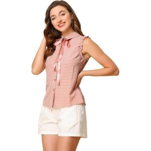 imageAllegra K Womens Bow Tie Neck Blouse Vintage Ruffle Sleeveless Gingham Plaid ShirtLight Pink