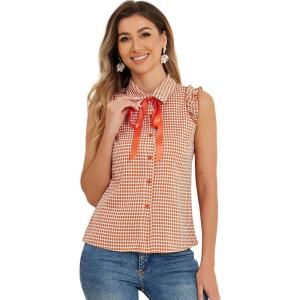 imageAllegra K Womens Bow Tie Neck Blouse Vintage Ruffle Sleeveless Gingham Plaid ShirtOrange