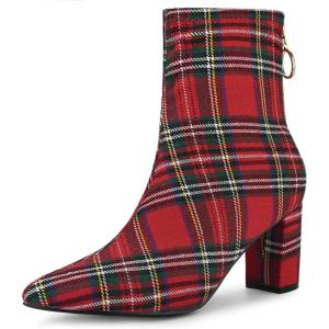 imageAllegra K Womens Pointed Toe Zipper Chunky Heels Ankle BootsRed Houndstooth