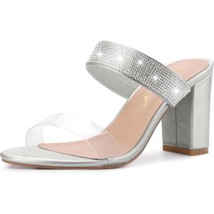 imageAllegra K Womens Rhinestones Heel Dual Clear Strap Chunky Heels Slide SandalsSilver