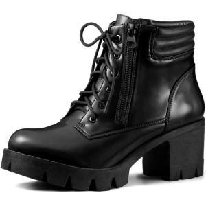 imageAllegra K Womens Round Toe Chunky Heel Lace Up Zipper Combat BootsBlack