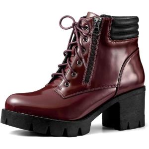 imageAllegra K Womens Round Toe Chunky Heel Lace Up Zipper Combat BootsBurgundy