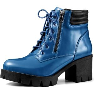 imageAllegra K Womens Round Toe Chunky Heel Lace Up Zipper Combat BootsDark Blue