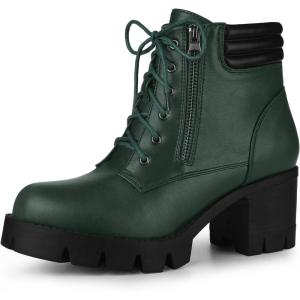 imageAllegra K Womens Round Toe Chunky Heel Lace Up Zipper Combat BootsDark Green