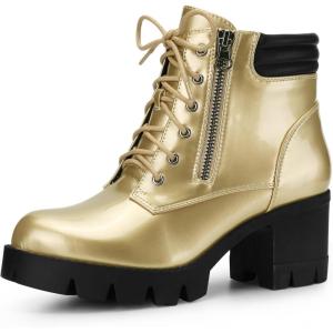 imageAllegra K Womens Round Toe Chunky Heel Lace Up Zipper Combat BootsGold